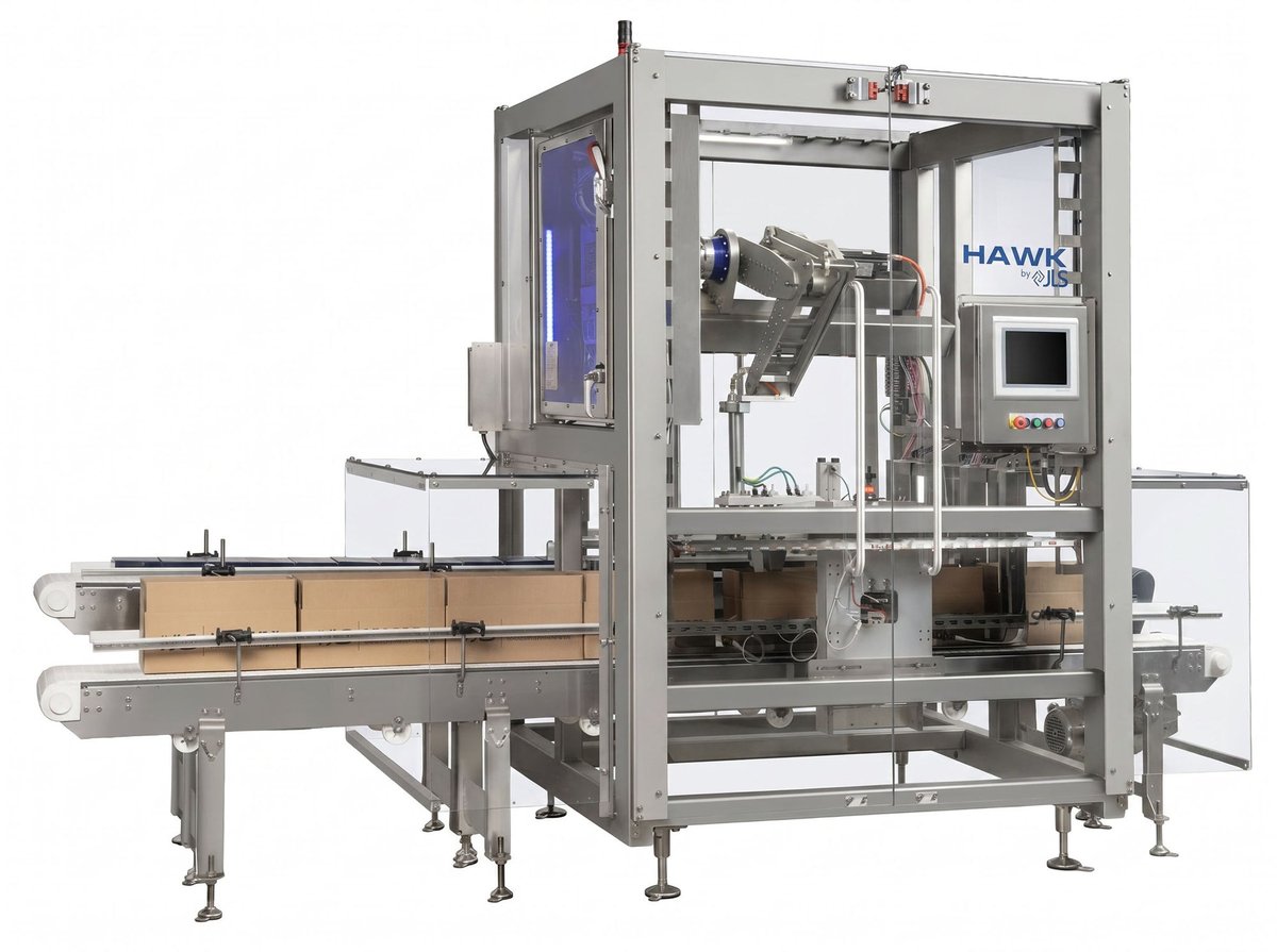 JLS Hawk compact robotic case packer built on a proprietary two-axis kinematic robot arm