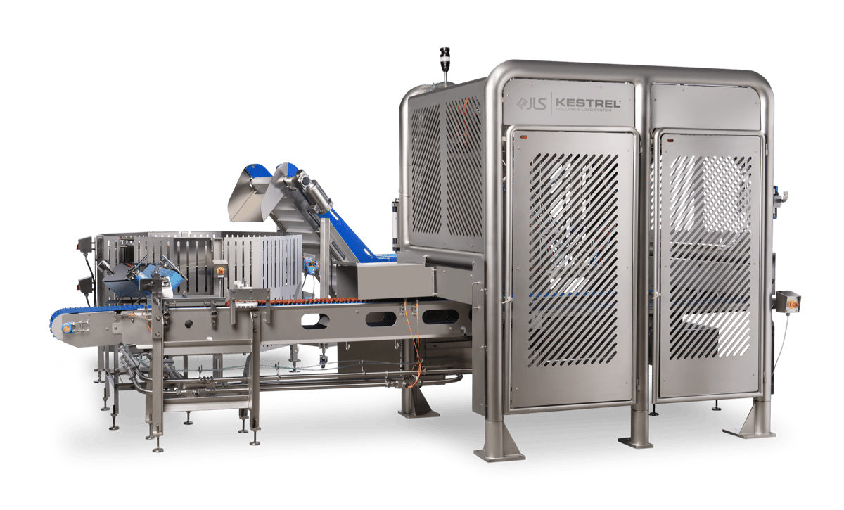 JLS Kestrel washdown-ready collate-and-load system for cylindrical protein products such as snack sticks and straight sausages