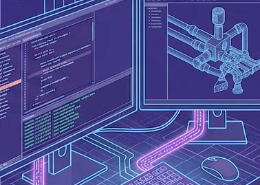 JLS engineer programming controls in-house with code editor and 3D model on dual monitors