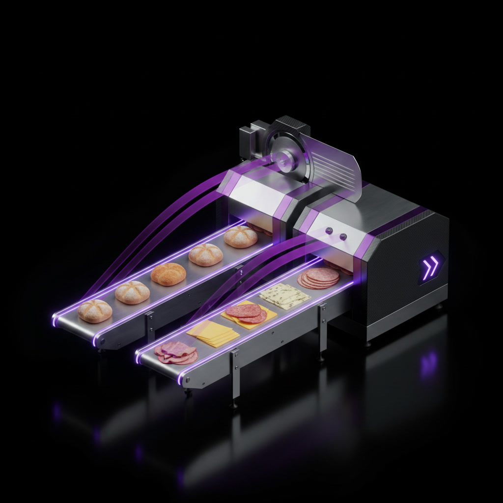 Step 1: sliced components arrive on in-feed conveyors