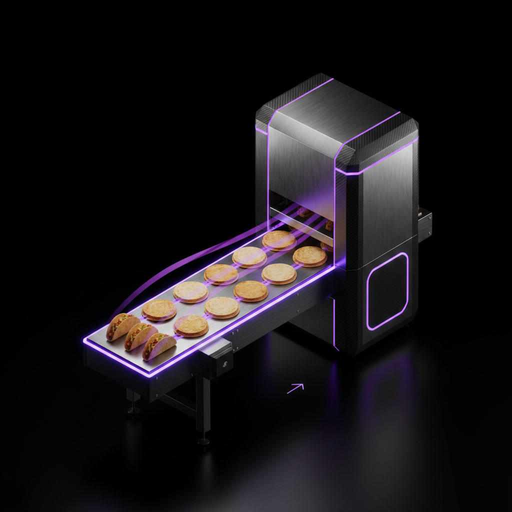Step 1: tacos arrive on the in-feed conveyor