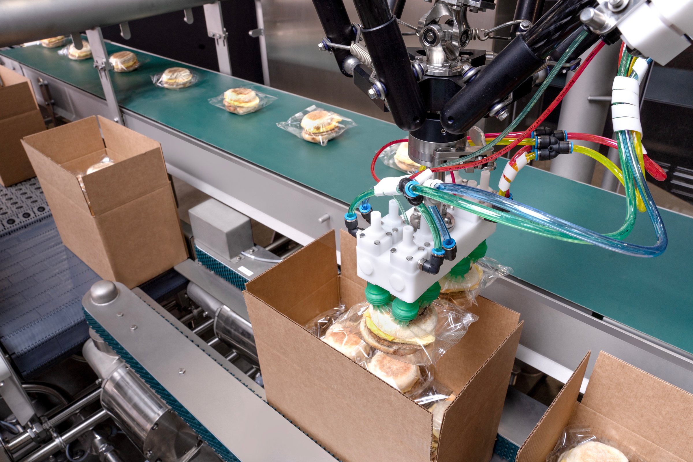 Osprey BP robot loading flexible pouches into a shipping case