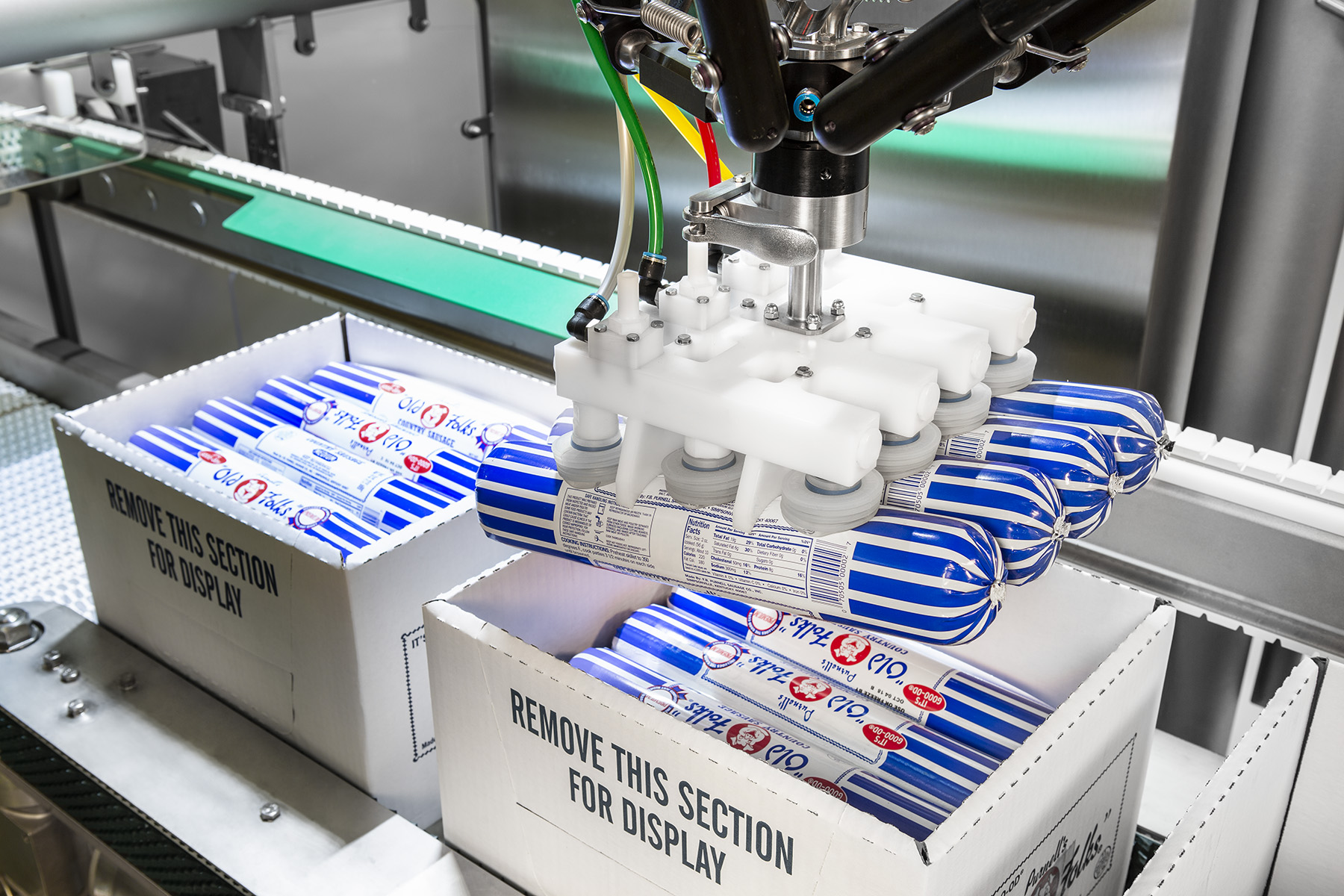 Osprey CL robotic chub loader using V-TRACK conveyor to load sausage chubs into a case